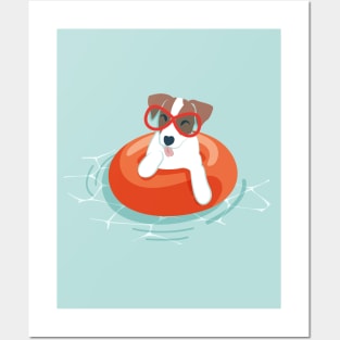 Summer pool pawty // aqua background Jack Russell terrier dog breed in vacation playing on swimming pool Posters and Art